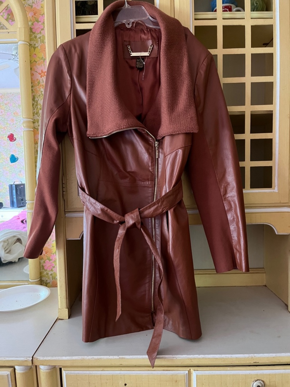 IMAN cognac brown 100% genuine leather trench with sweater knit collar L